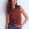 Tia Sleeveless Ruch Jersey Top Bitter Chocolate & Ivory Spot Tia Sleeveless Ruch Jersey Top Bitter Chocolate & Ivory Spot