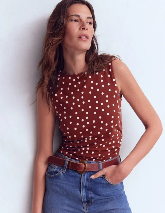 Tia Sleeveless Ruch Jersey Top Bitter Chocolate & Ivory Spot Tia Sleeveless Ruch Jersey Top Bitter Chocolate & Ivory Spot