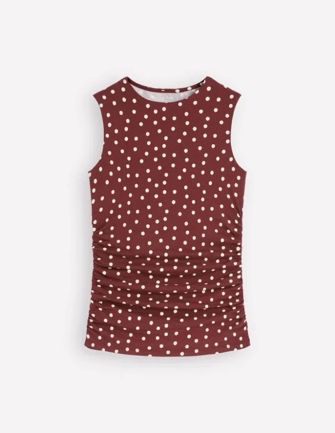 Tia Sleeveless Ruch Jersey Top Bitter Chocolate & Ivory Spot Tia Sleeveless Ruch Jersey Top Bitter Chocolate & Ivory Spot