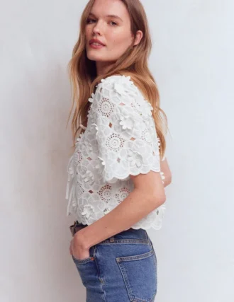 Tie Front Lace Top White