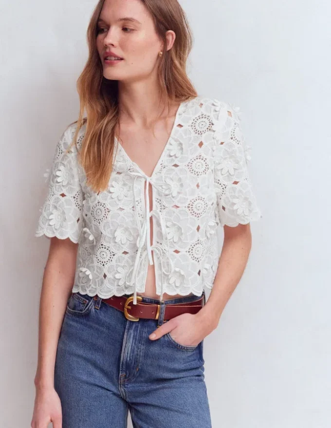 Tie Front Lace Top White Tie Front Lace Top White