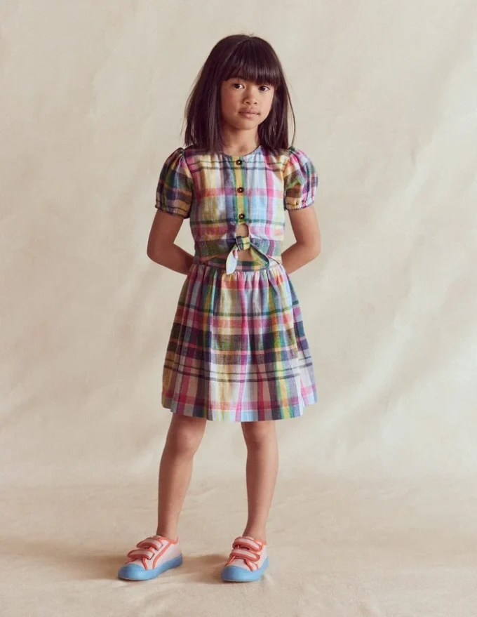 Tie Front Woven Dress Blue, Pink and Green Check Tie Front Woven Dress Blue, Pink and Green Check