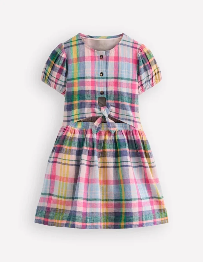 Tie Front Woven Dress Blue, Pink and Green Check Tie Front Woven Dress Blue, Pink and Green Check