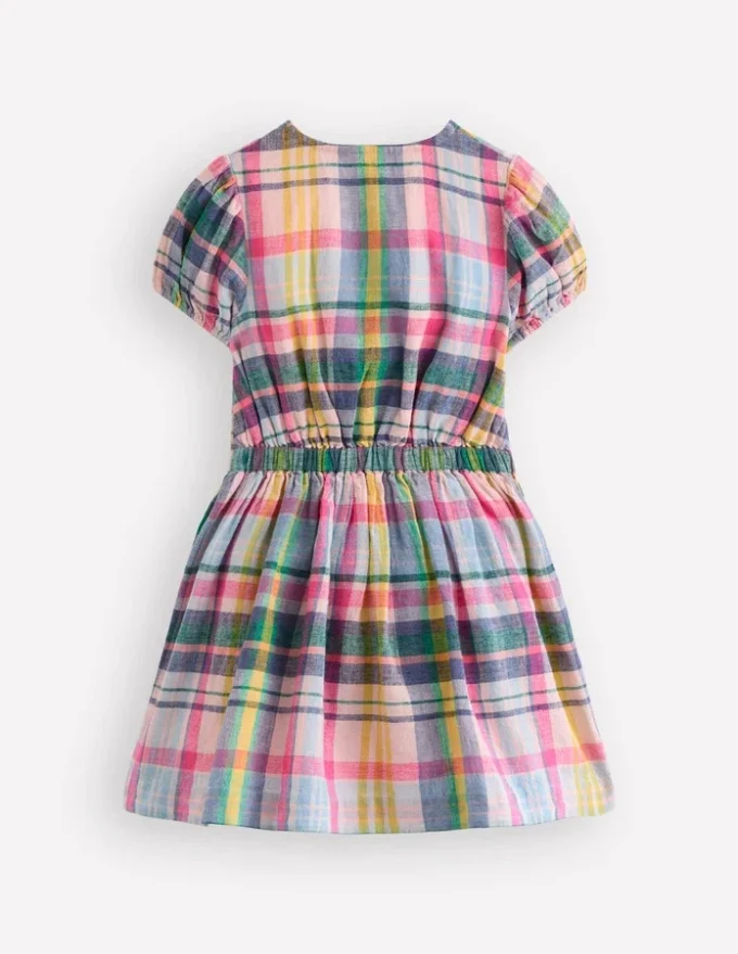 Tie Front Woven Dress Blue, Pink and Green Check Tie Front Woven Dress Blue, Pink and Green Check
