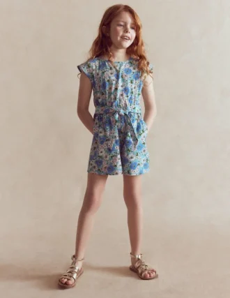Tie Waist Woven Playsuit Blue Floral