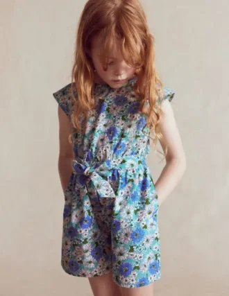 Tie Waist Woven Playsuit Blue Floral