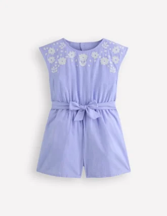 Tie Waist Woven Playsuit Denim Embroidery