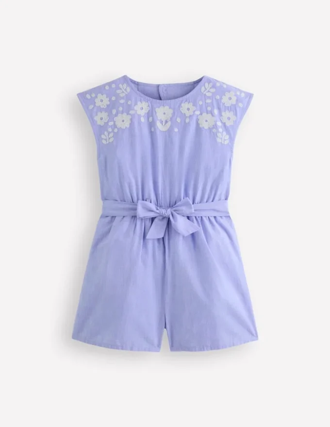 Tie Waist Woven Playsuit Denim Embroidery Tie Waist Woven Playsuit Denim Embroidery
