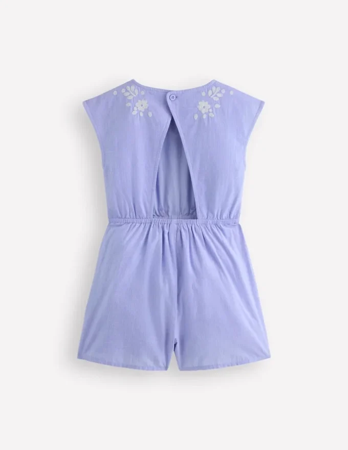 Tie Waist Woven Playsuit Denim Embroidery Tie Waist Woven Playsuit Denim Embroidery