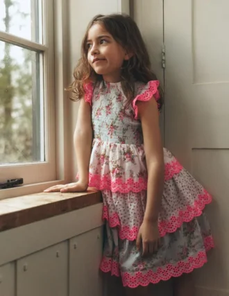Tiered Lace Trim Dress Festival Pink Ditsy Rose