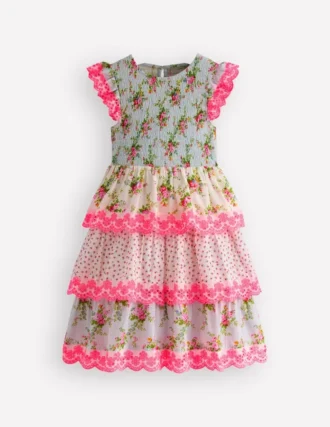 Tiered Lace Trim Dress Festival Pink Ditsy Rose