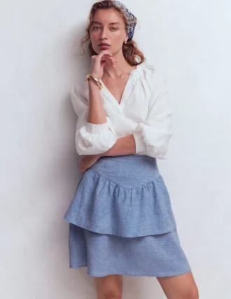 Tiered Linen Skirt Blue Chambray