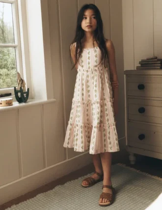 Tiered Midi Sundress Soft Ivory Gingham Floral