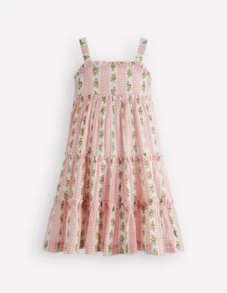Tiered Midi Sundress Soft Ivory Gingham Floral