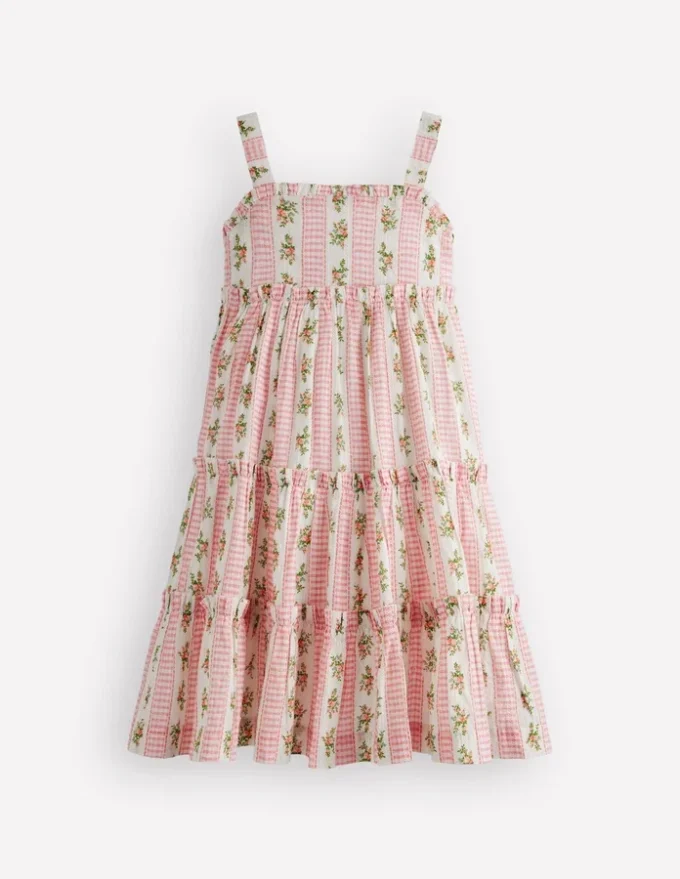 Tiered Midi Sundress Soft Ivory Gingham Floral