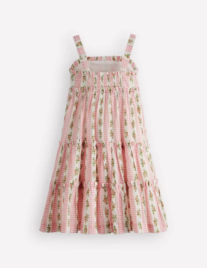 Tiered Midi Sundress Soft Ivory Gingham Floral