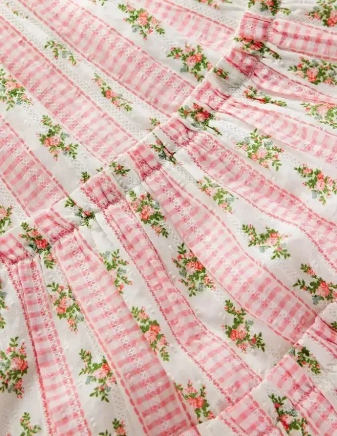 Tiered Midi Sundress Soft Ivory Gingham Floral