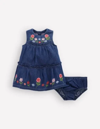 Tiered Ruffle Dress Chambray Embroidery