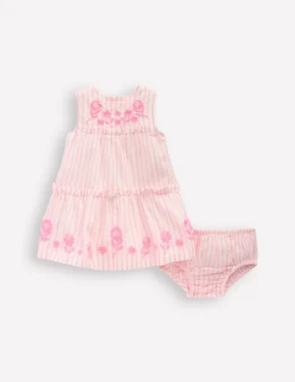 Tiered Ruffle Dress Pink Embroidered Stripe