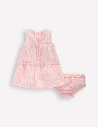 Tiered Ruffle Dress Pink Embroidered Stripe