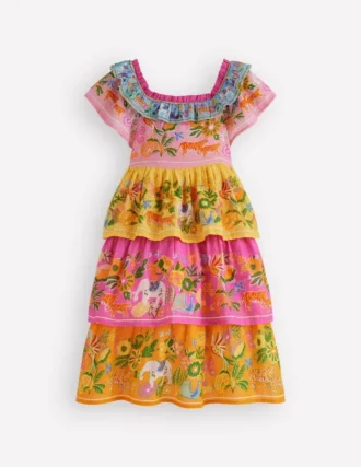 Tiered Ruffle Woven Dress Sunflower Yellow Jungle Animal