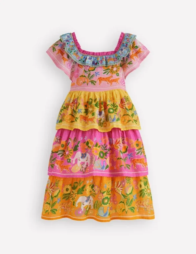 Tiered Ruffle Woven Dress Sunflower Yellow Jungle Animal