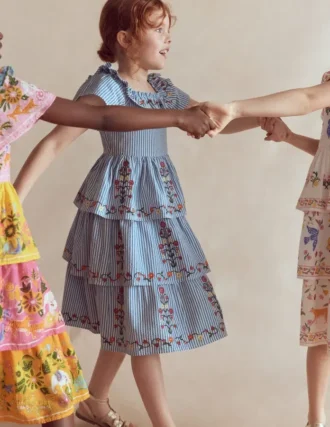 Tiered Ruffle Woven Dress Ticking Stripe Floral