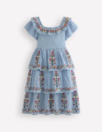 Tiered Ruffle Woven Dress Ticking Stripe Floral