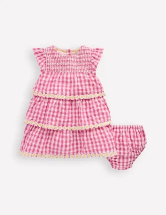 Tiered Woven Dress Pink Gingham Daisies
