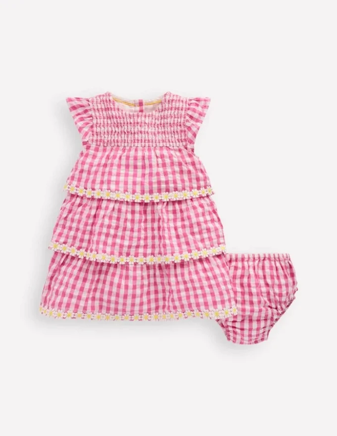 Tiered Woven Dress Pink Gingham Daisies Tiered Woven Dress Pink Gingham Daisies