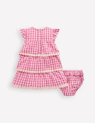 Tiered Woven Dress Pink Gingham Daisies