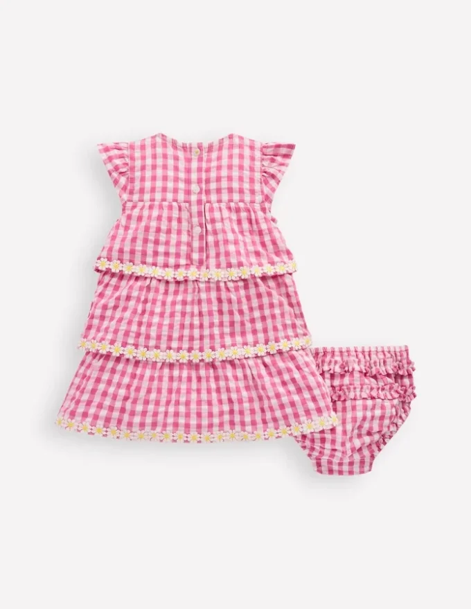 Tiered Woven Dress Pink Gingham Daisies Tiered Woven Dress Pink Gingham Daisies