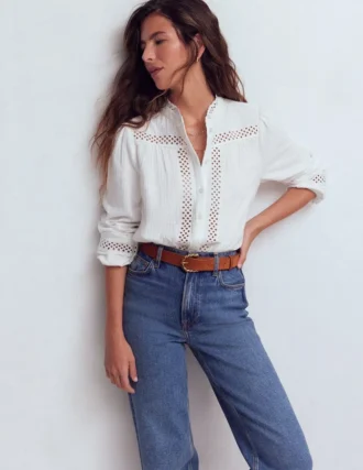 Trim Detail Double Cloth Top White
