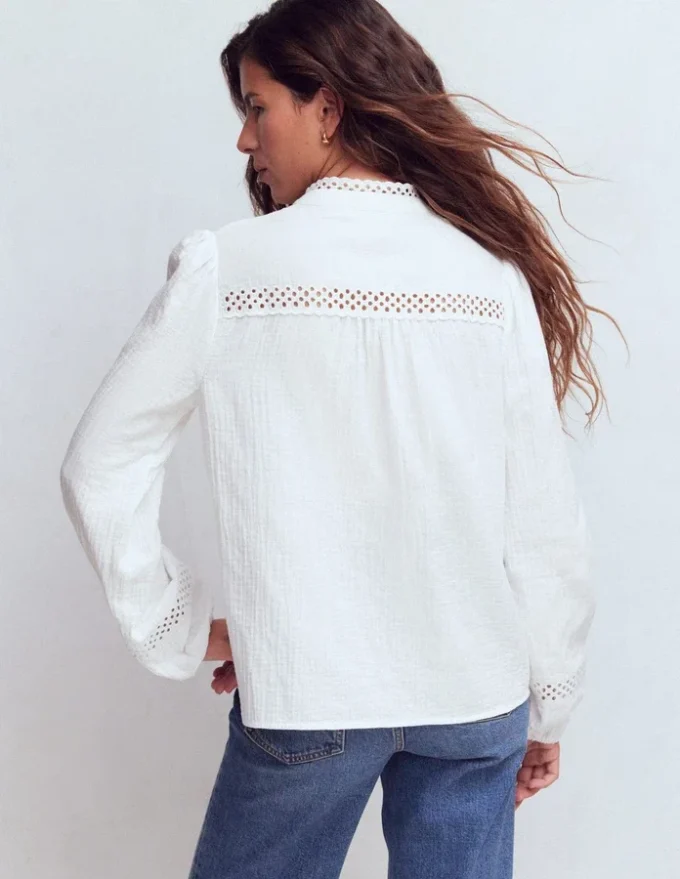 Trim Detail Double Cloth Top White Trim Detail Double Cloth Top White