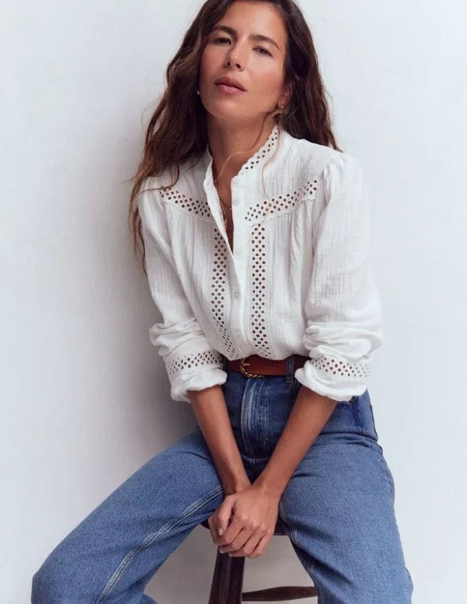 Trim Detail Double Cloth Top White Trim Detail Double Cloth Top White