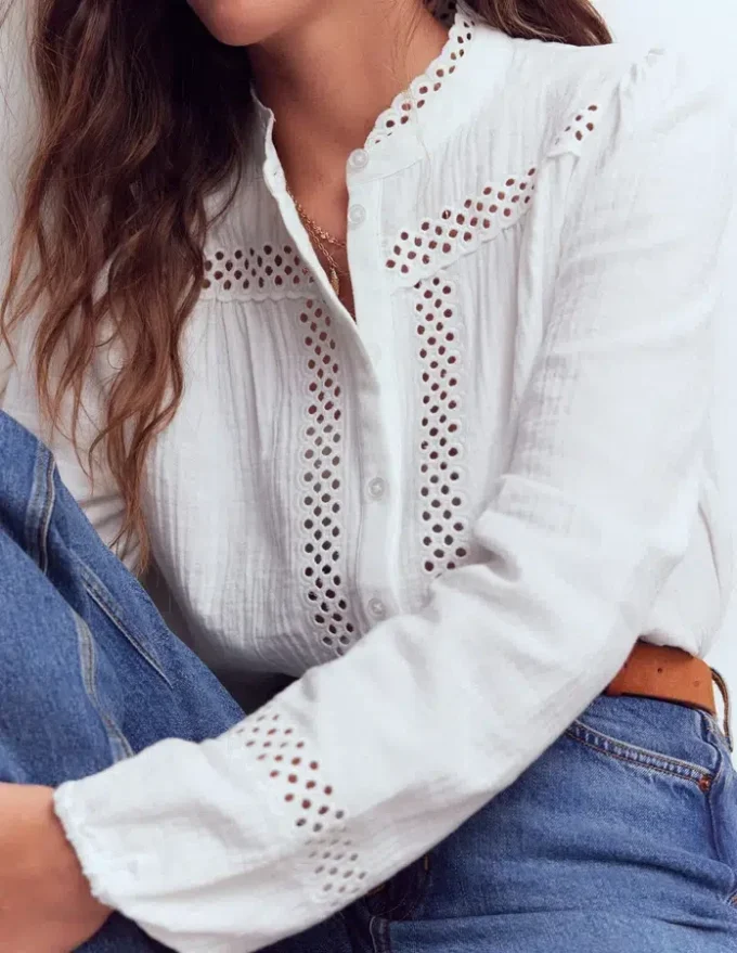 Trim Detail Double Cloth Top White Trim Detail Double Cloth Top White
