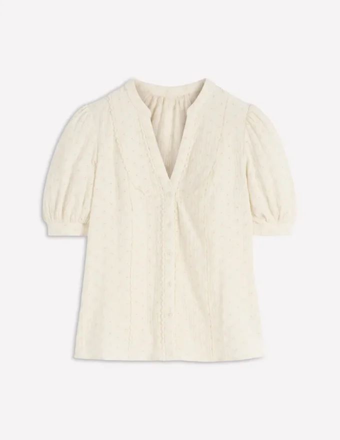 Trim Insert Double Cloth Top Ivory Broderie