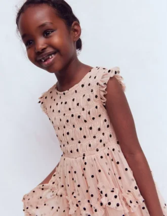 Tulle Ruffle Occasion Dress Rose Smoke Flock Spot