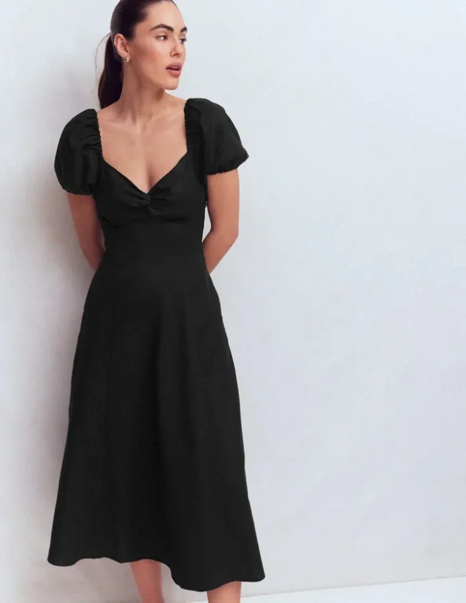Twist Front Linen Blend Dress Black Twist Front Linen Blend Dress Black
