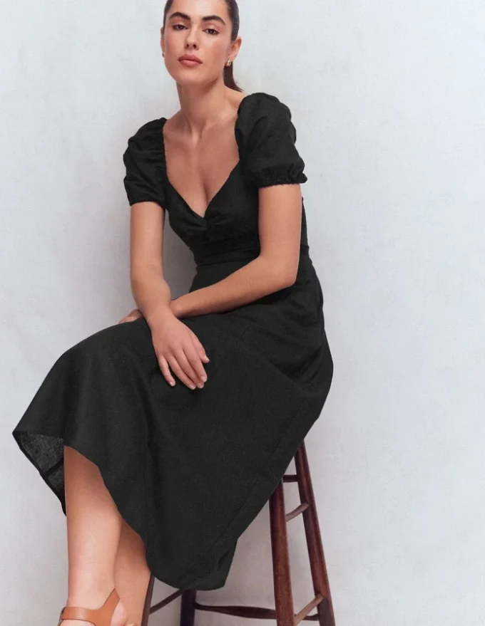 Twist Front Linen Blend Dress Black Twist Front Linen Blend Dress Black