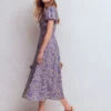 Twist Front Linen Blend Dress Han Purple, Flowered Bloom Twist Front Linen Blend Dress Han Purple, Flowered Bloom