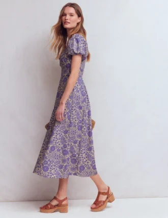 Twist Front Linen Blend Dress Han Purple, Flowered Bloom