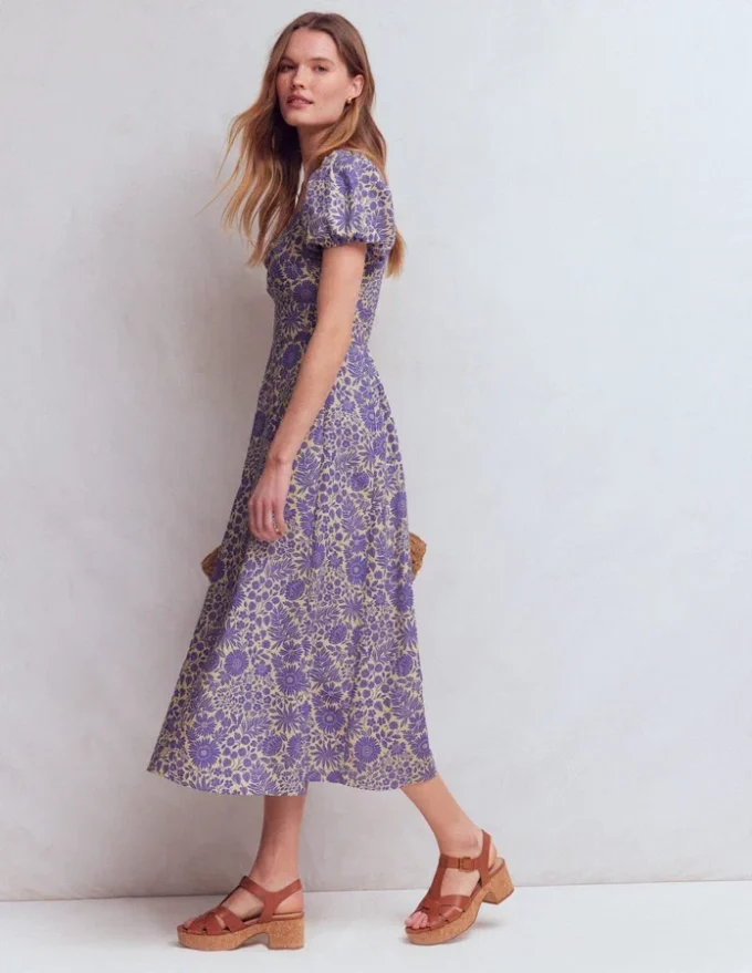 Twist Front Linen Blend Dress Han Purple, Flowered Bloom Twist Front Linen Blend Dress Han Purple, Flowered Bloom