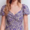 Twist Front Linen Blend Dress Han Purple, Flowered Bloom Twist Front Linen Blend Dress Han Purple, Flowered Bloom