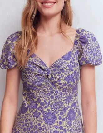 Twist Front Linen Blend Dress Han Purple, Flowered Bloom
