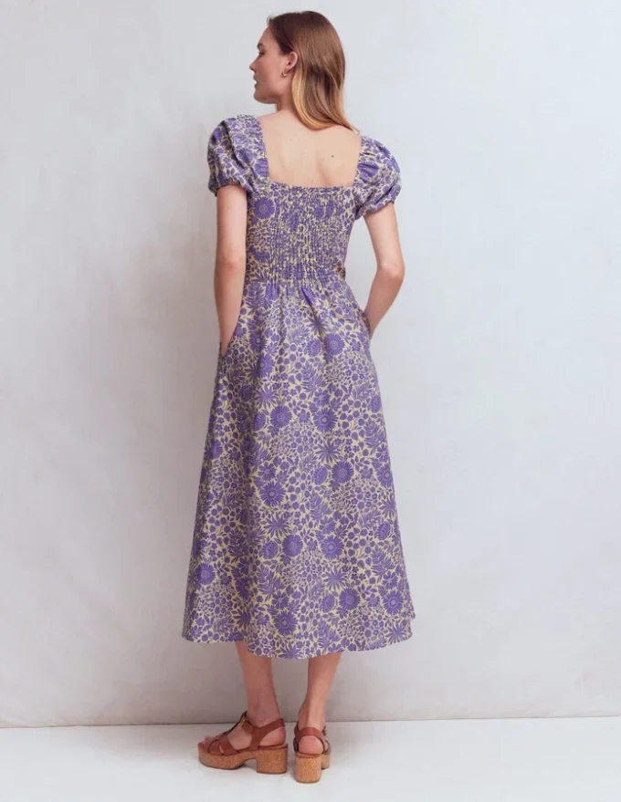 Twist Front Linen Blend Dress Han Purple, Flowered Bloom Twist Front Linen Blend Dress Han Purple, Flowered Bloom