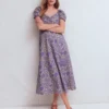 Twist Front Linen Blend Dress Han Purple, Flowered Bloom Twist Front Linen Blend Dress Han Purple, Flowered Bloom