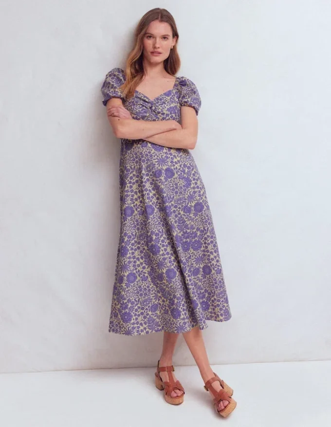 Twist Front Linen Blend Dress Han Purple, Flowered Bloom Twist Front Linen Blend Dress Han Purple, Flowered Bloom