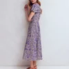 Twist Front Linen Blend Dress Han Purple, Flowered Bloom Twist Front Linen Blend Dress Han Purple, Flowered Bloom