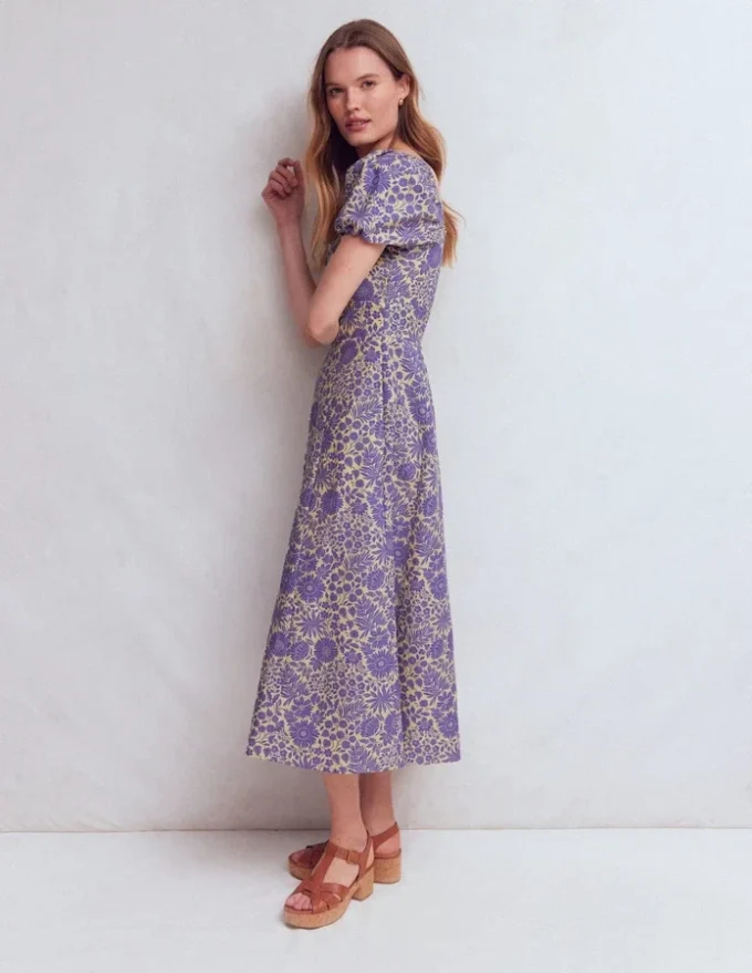 Twist Front Linen Blend Dress Han Purple, Flowered Bloom Twist Front Linen Blend Dress Han Purple, Flowered Bloom
